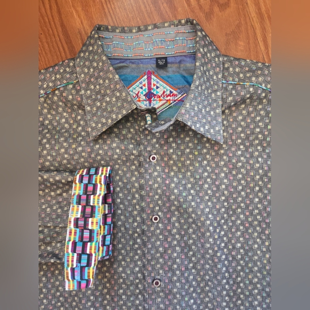 Robert Graham Xl Multicolor Contrast Cuffs‎ Geometric 100% Silk